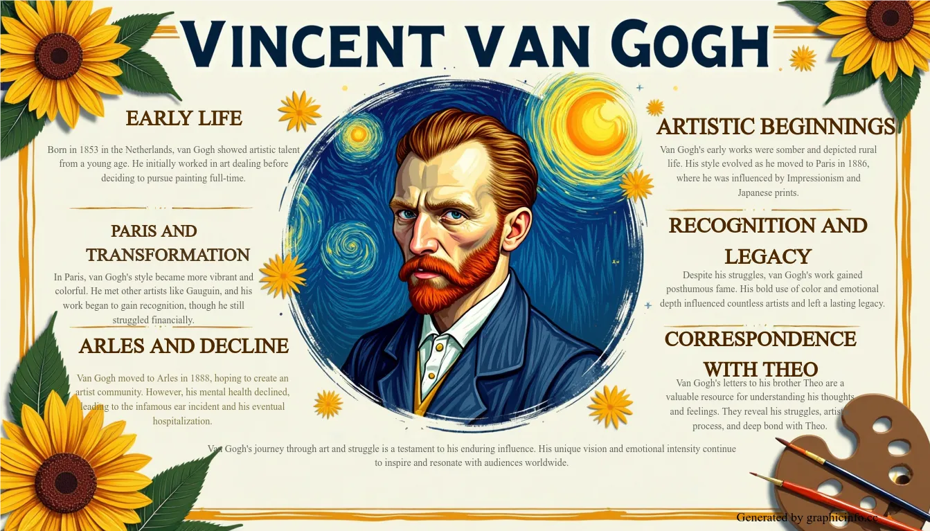 A visually captivating poster titled 'Vincent van Gogh: A Journey Through Art and Struggle,' featuring six sections: Early Life, Artistic Beginnings, Paris and Transformation, Arles and Decline, Recognition and Legacy, and Correspondence with Theo. The central image depicts a portrait of van Gogh surrounded by iconic elements such as sunflowers, a starry night sky, and a palette with brushes. The layout is clean and balanced, using bold colors and expressive brushwork to reflect van Gogh's style. The text is arranged in a clear, easy-to-read format, avoiding clutter and small text.